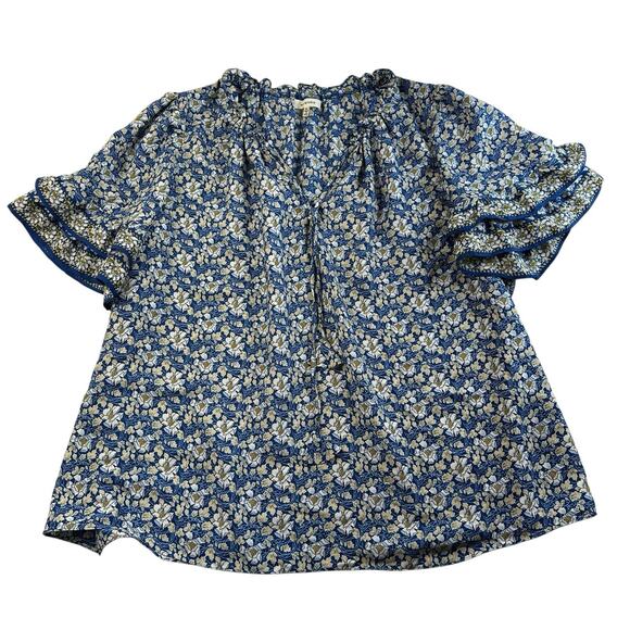 Max Studio Plus 2X Top Elbow Sleeve Ruffle Blouse Blue Floral Peasant Women's - Picture 2 of 13